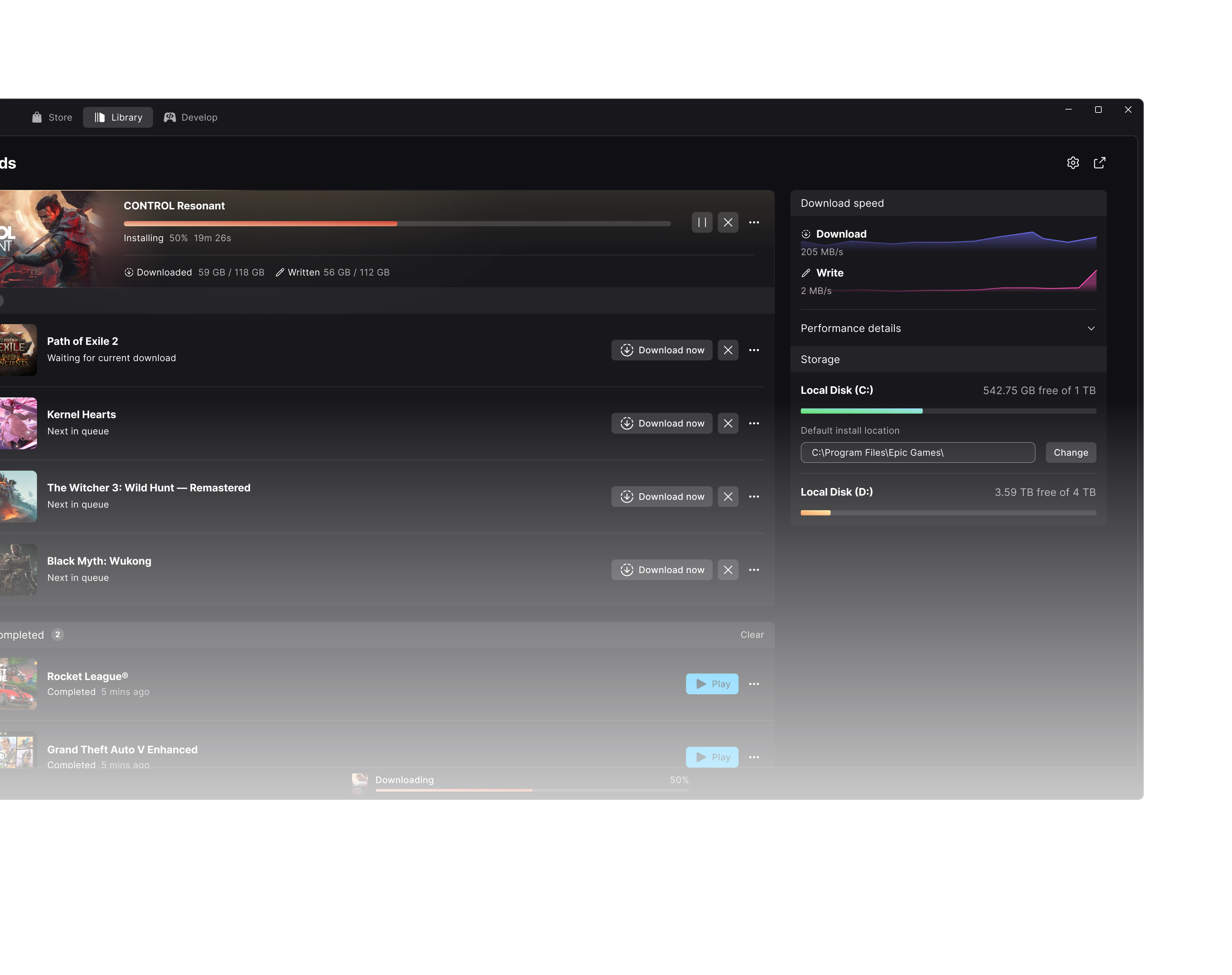 The new download manager: a game installing with its progress, and live download, read and write speeds beside it