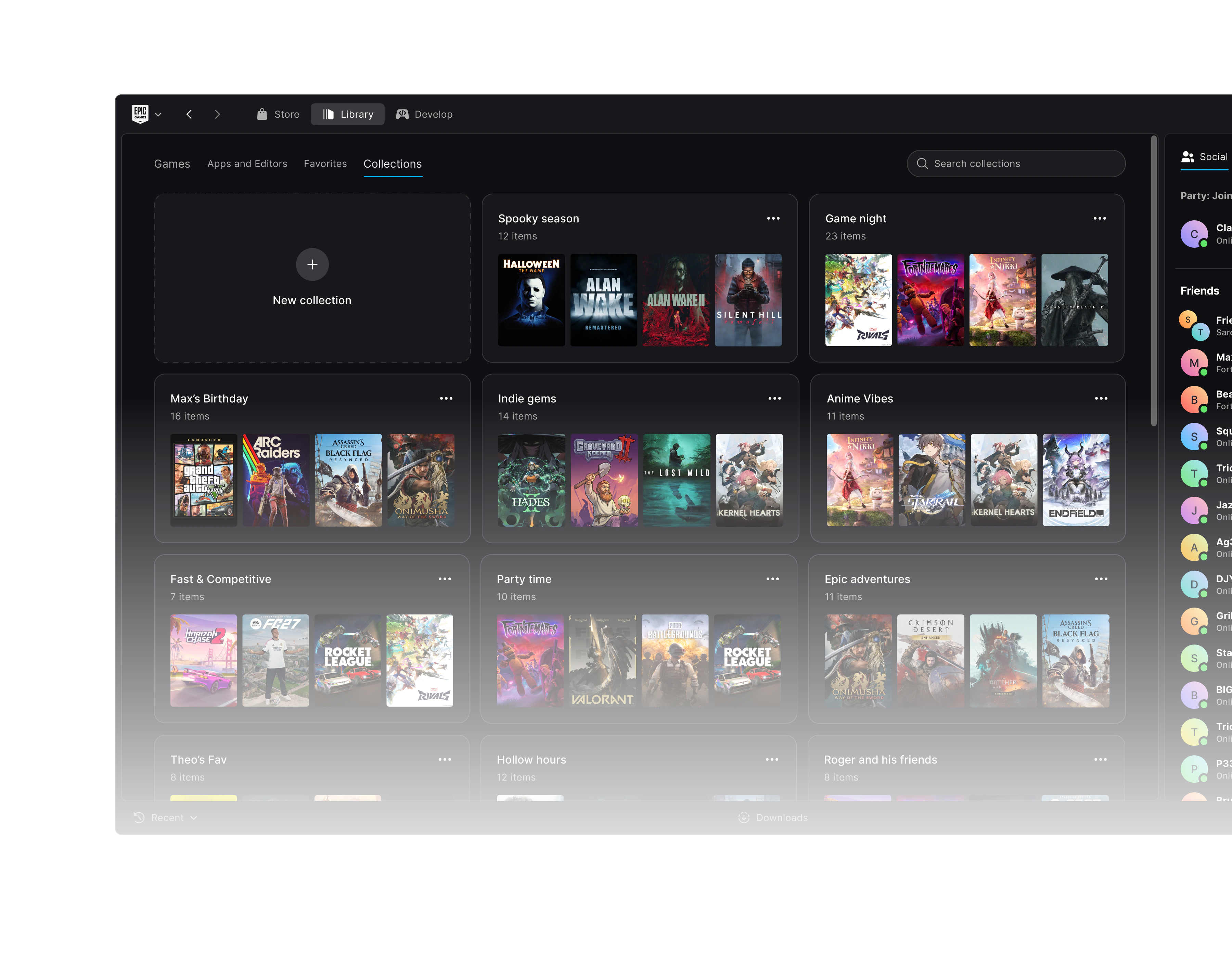 The new library’s Collections tab: collections such as Spooky season, Game night and Indie gems, each showing the art of the games in it