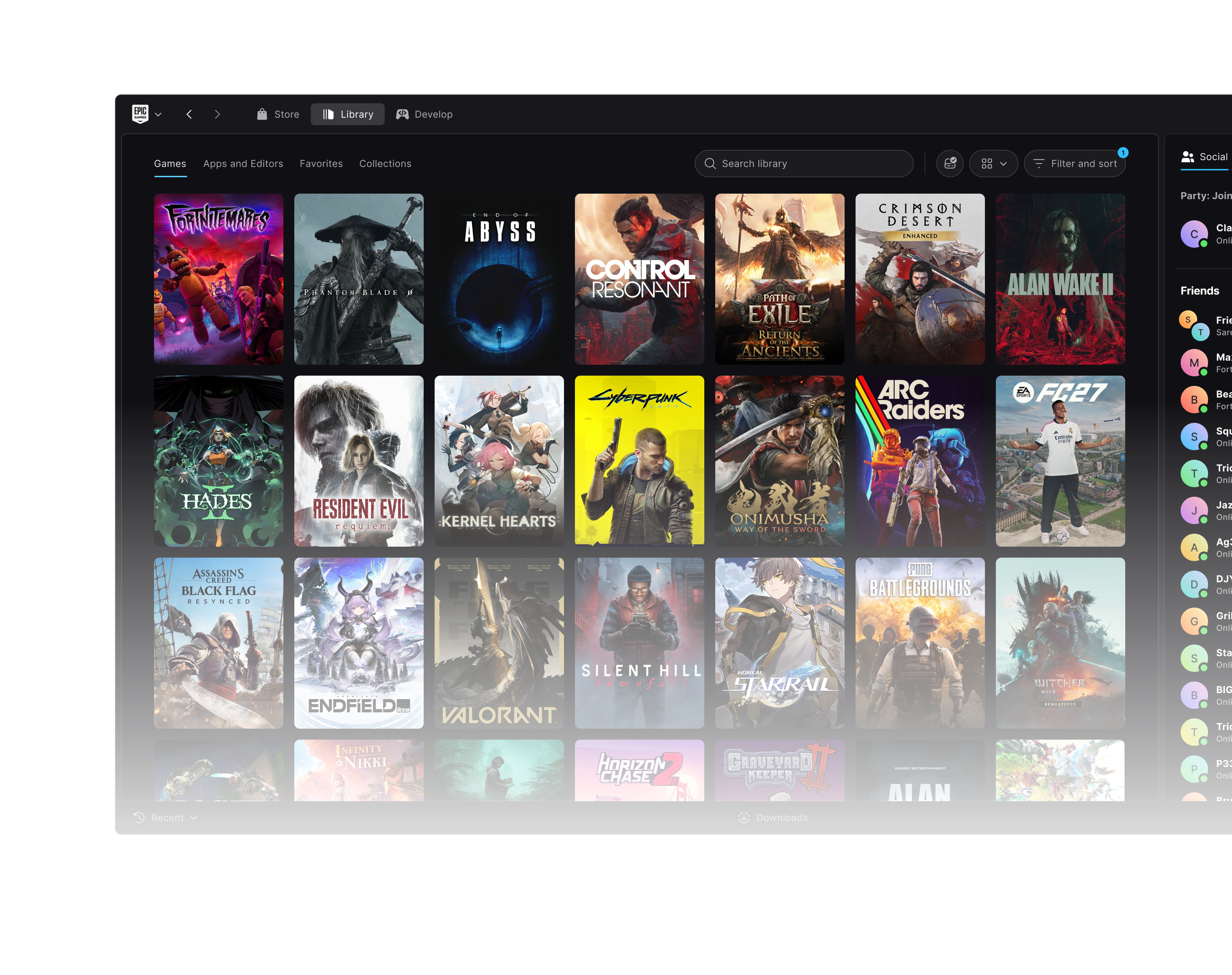 The new Epic Games Launcher library, a grid of game covers under the Store, Library and Develop tabs